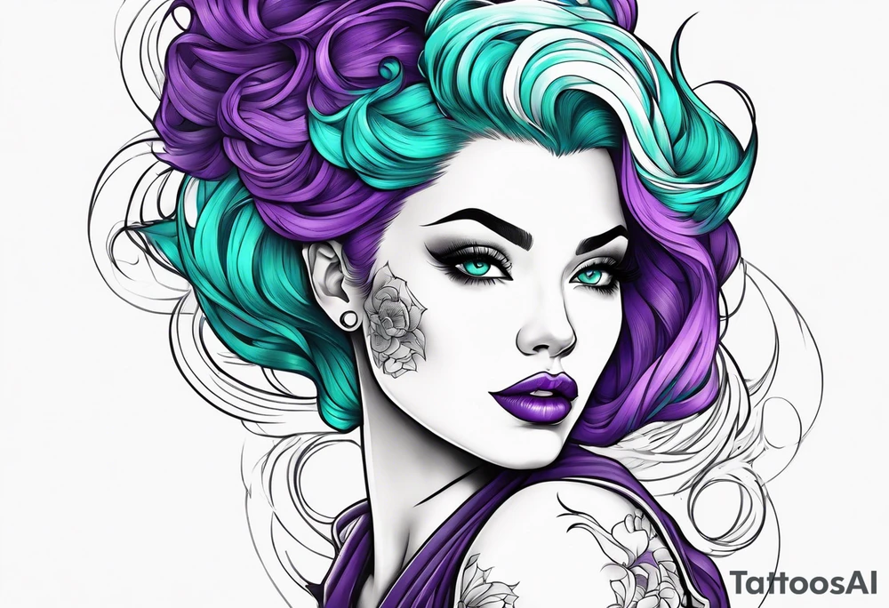 Pinup woman with purple and teal cooled hair underwater tattoo idea