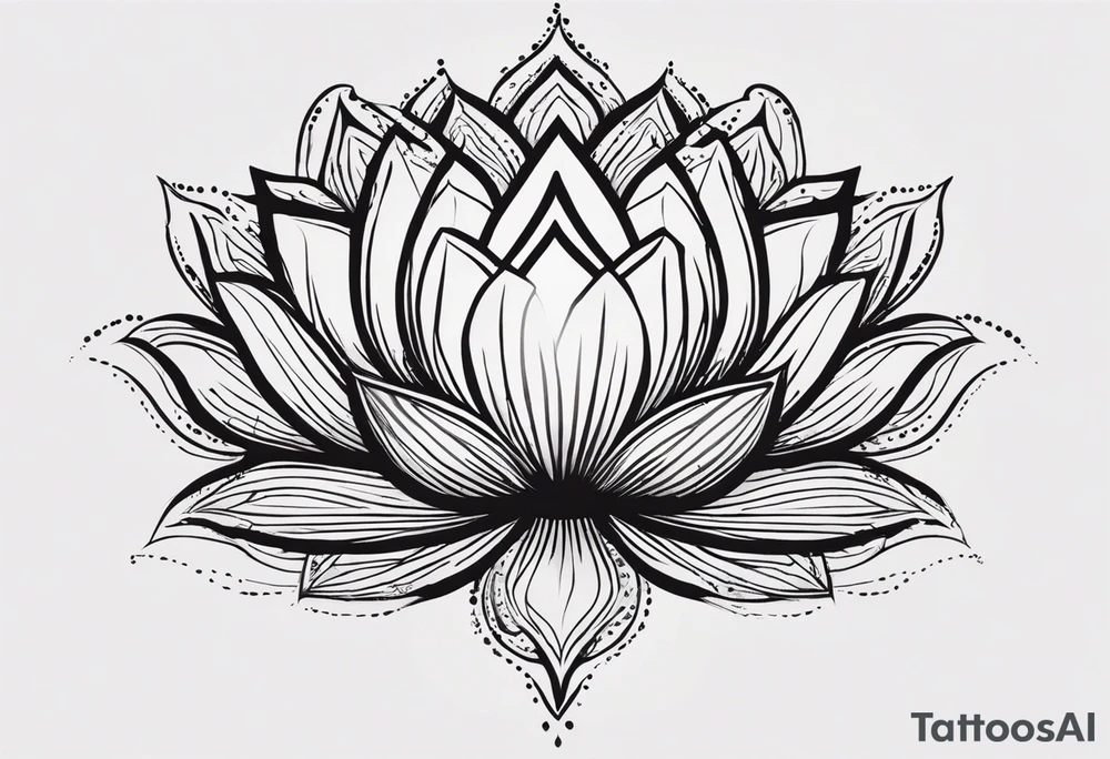 Make a tattoo of a lotus flower, stone, a science helix and a Greek delta in the shape of a lotus flowe that will take up the upper left portion of my back. the lotus’s leaves a rocky area to symbolize strength, a helix to symbolize resiliency and a Greek delta to symbolize transformation. The tattoo should overall represent resiliency and strength and present a strong, firm foundation that displays strength in the face of trauma. Make sure to also be able to identify the rock, the helix and the delta symbol separately and not mixed together as each element is important tattoo idea