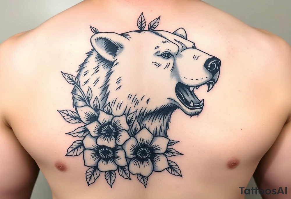 powerful majestic polar bear with flowers from Nunavut and representing pain, anger love and healing for front of neck tattoo idea