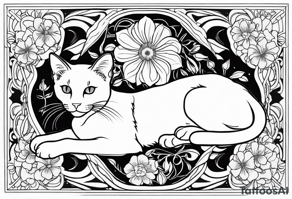 Art nouveau forearm tattoo of cat laying on back surrounded by flowers. tattoo idea