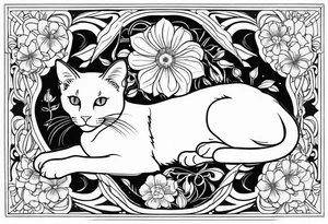 Art nouveau forearm tattoo of cat laying on back surrounded by flowers. tattoo idea