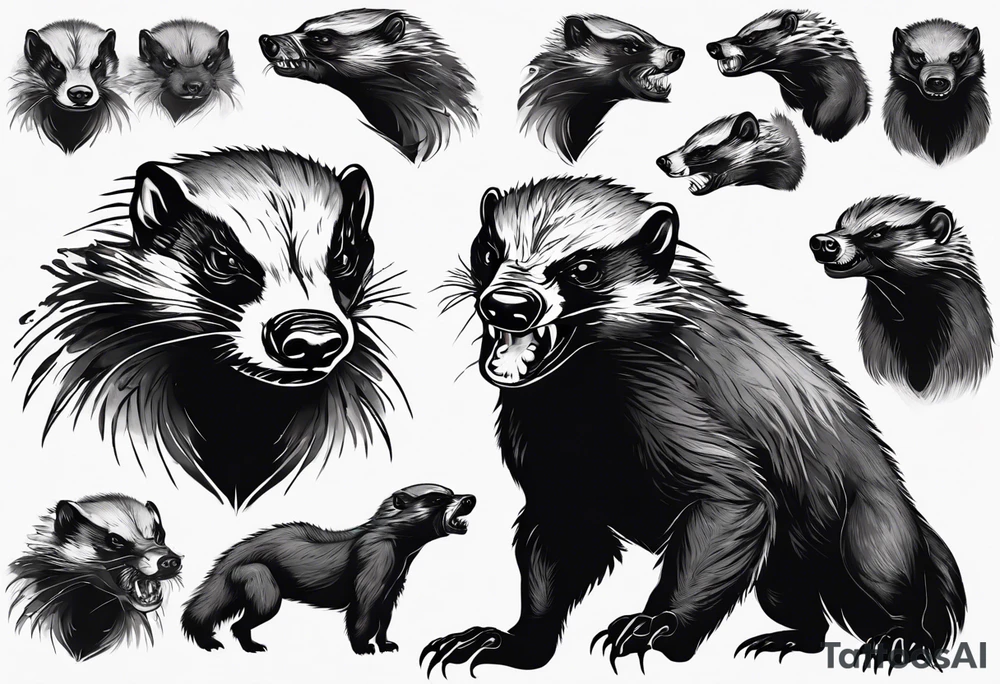 An angry, snarling, detailed honey badger with its face forward and paws spread tattoo idea