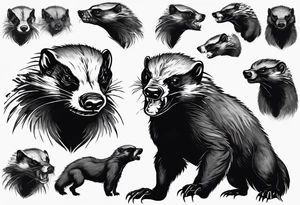 An angry, snarling, detailed honey badger with its face forward and paws spread tattoo idea