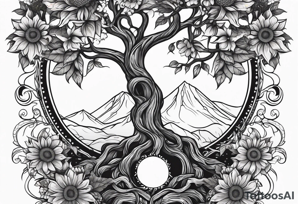 Feminine Yggdrasil tree with two sunflowers tattoo idea