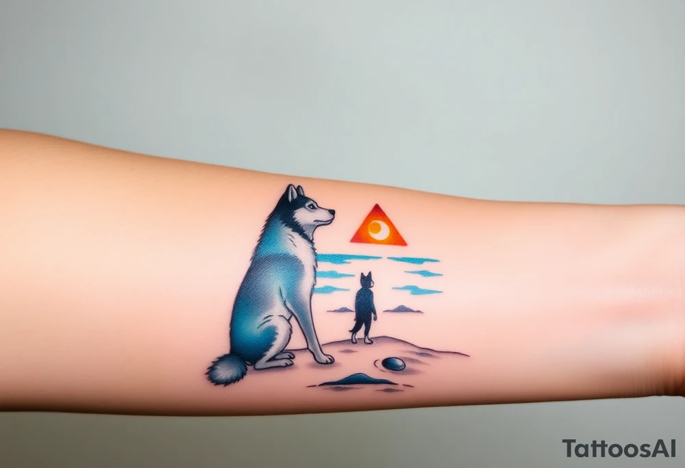 smALL HUSKY LOOKING AT A TRIBAL MOON STANDONG IN THE SAND IN THE SEA WITH THE CONSTALATION OF SAGITARIUS PUT COLOR tattoo idea