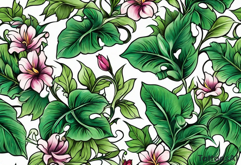 Vines with thick green leaves and muted flowers. Will start above the wrist and wrap around forarm ending at elbow tattoo idea