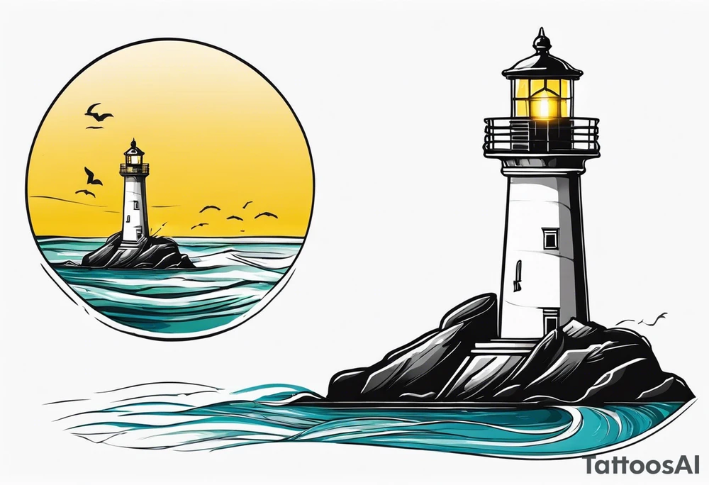 Farol no oceano em mar agitado bem delicado com o farol amarelo, e navio ao fundo tattoo idea