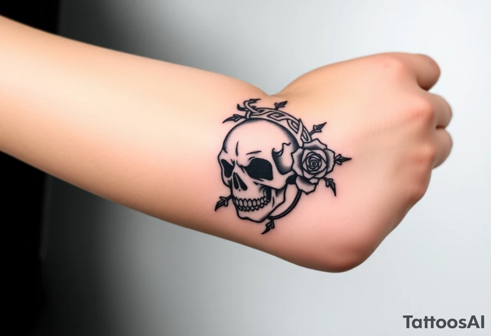 ornate skull adorned with crown of wild roses and thorns tattoo idea