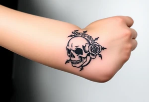 ornate skull adorned with crown of wild roses and thorns tattoo idea