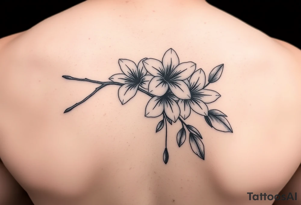 jacaranda flowers from a long branch with lace drop embellishment feminine tattoo idea