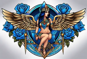 Isis Goddess Tattoo  frame blue roses, ankh , background egypt pyramid,wings tattoo idea