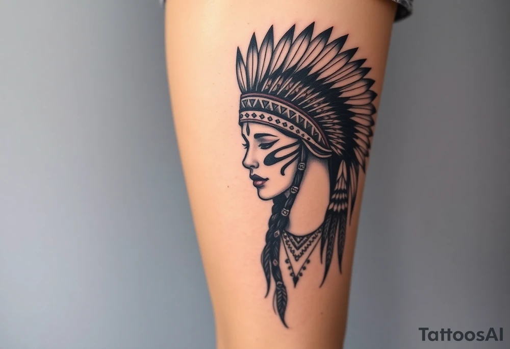 Beautiful, majestic, and noble young native American indian woman with a big bold head dress on and war paint on her face with some kind of background with tribal tattoo idea