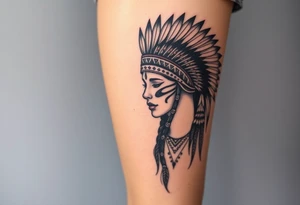 Beautiful, majestic, and noble young native American indian woman with a big bold head dress on and war paint on her face with some kind of background with tribal tattoo idea