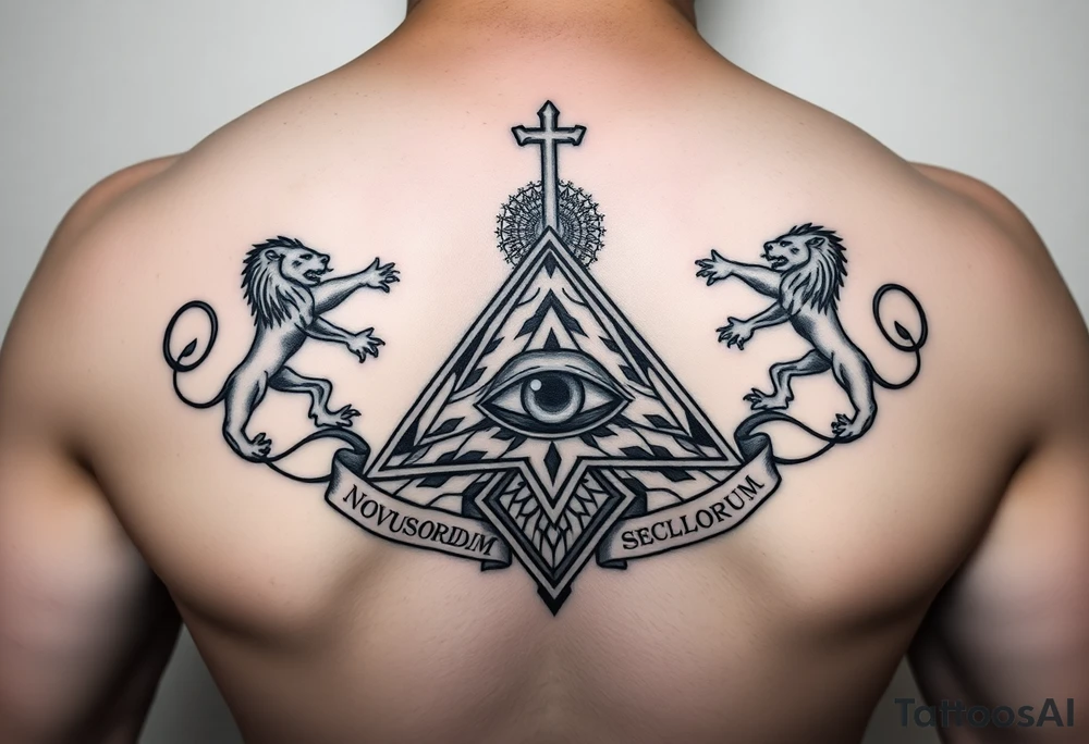 Pyramid with eye in the center, diamond with snake on the top,lions on corners,surrounded by words - novus ordum seclorum tattoo idea