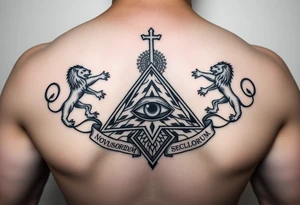 Pyramid with eye in the center, diamond with snake on the top,lions on corners,surrounded by words - novus ordum seclorum tattoo idea