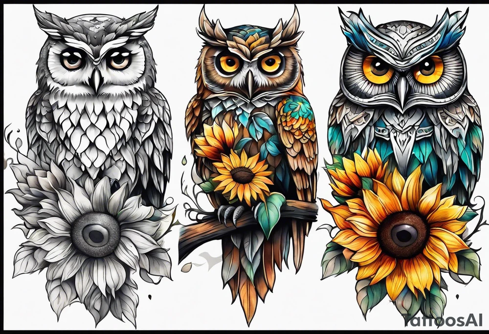 Leg sleeve with colorful sunflowers and an owl tattoo idea