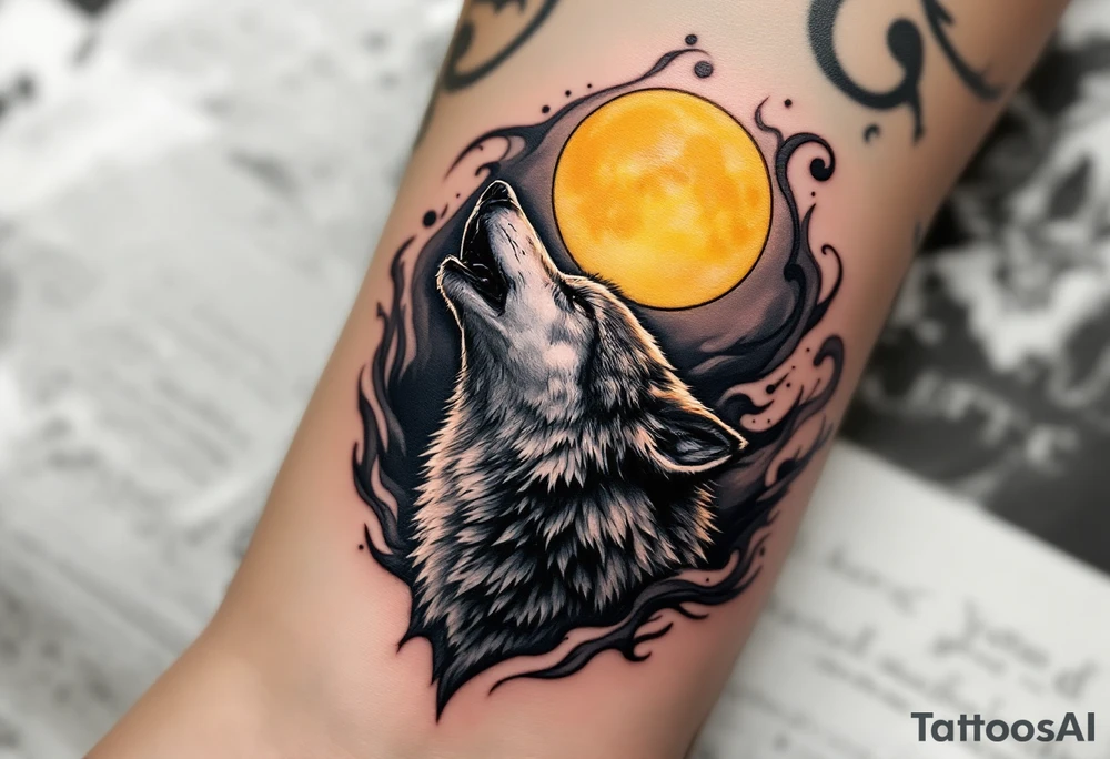 A howling gray wolf under a full yellow moon, surrounded by stylized wind swirls. tattoo idea