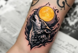A howling gray wolf under a full yellow moon, surrounded by stylized wind swirls. tattoo idea