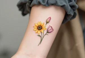 Small yellow sunflowers with two simple stargazer Lilly in pale pink and pale purple tulip buds in a dainty wildflower bouquet with light green stems. Low detail. Include feminine stem lines. tattoo idea