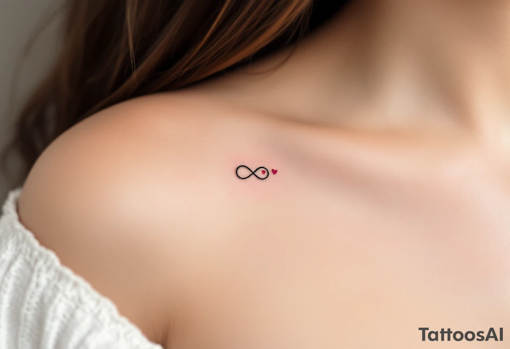 A geometric infinity loop with thin black lines and a tiny magenta heart hidden in the corner. tattoo idea