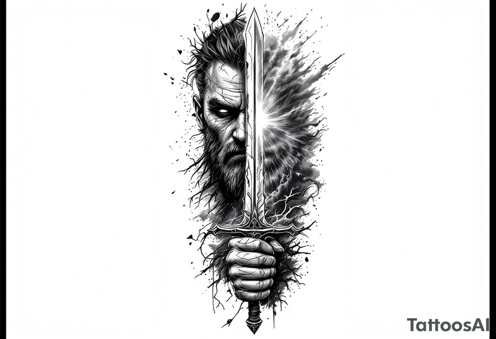 A black and grey tattoo sleeve with elements of stoicism and internal struggle. A weathered face, split in half, one side strong and confident, the other side cracked and fading into mist, symbolizing the silent battles fought within. A hand grips a sword with a worn, chipped blade, showing the scars of battle but still sharp. Behind the figure, a storm rages, with a single beam of light piercing through. Hidden within the shadows, faint words like “Memento Mori” and “Still Here” blend naturally into the design. The tattoo has a smooth gradient from dark at the wrist to light at the shoulder, creating a seamless flow of struggle to victory. tattoo idea