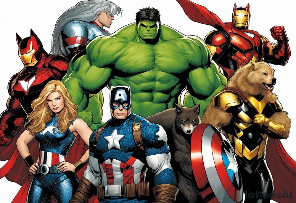 A super hero team which is combination of animals. For example:
Hulk will be represented by a Badger.
Thor will be depicted as an Alpha Grey Wolf.
Captain America will be symbolized by a Bull.
Iron Man's character will be embodied by a Canary.
Black Widow's role will be portrayed by an Axolotl.
Hawkeye will be depicted as a Sudan Plated Lizard.
Nick Fury will be represented by a Cat. tattoo idea