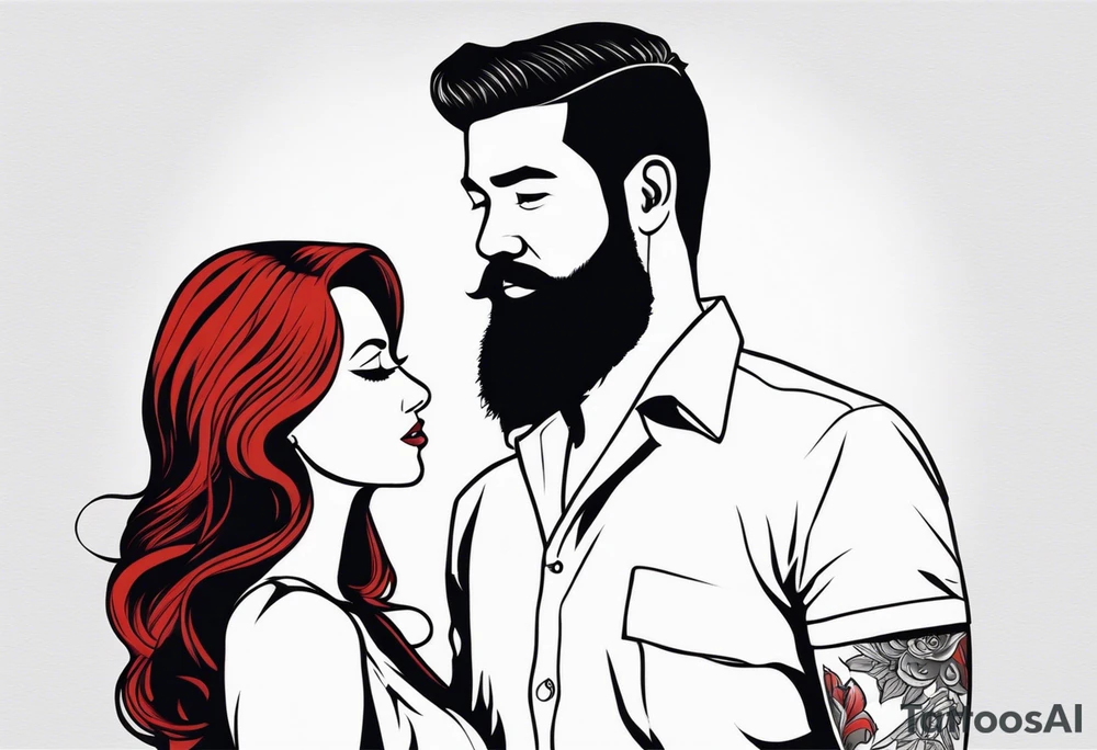 Busty red haired woman with a bearded man who has black hair tattoo idea