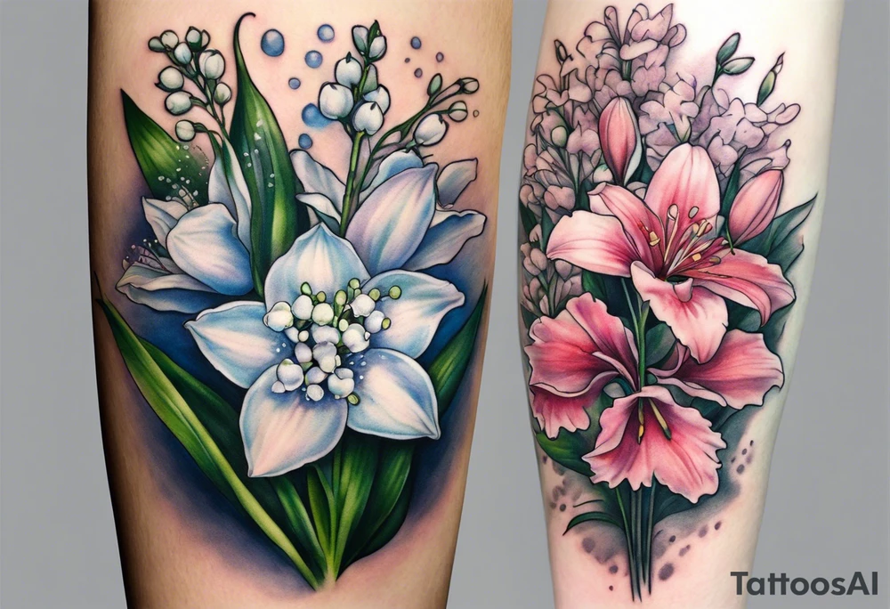 Larkspur, Lily of the valley, water, lily, Hawthorne, flower, carnation, snowdrop flower half sleeve tattoo idea
