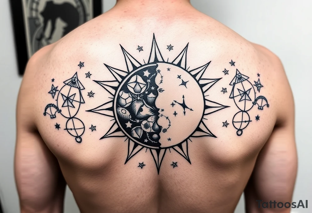 celestial sun and moon embrace with constellation patterns tattoo idea