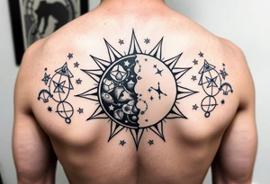celestial sun and moon embrace with constellation patterns tattoo idea