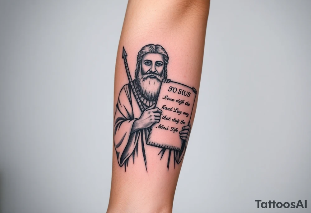 Moses holding the Ten Commandments sleeve tattoo idea
