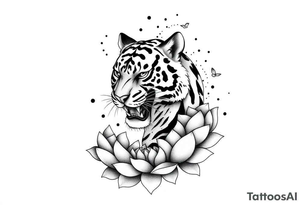 fierce tiger emerging through blooming lotus flowers in mist tattoo idea