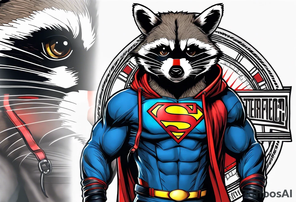 Raccoon wearing a Superman hoodie tattoo idea