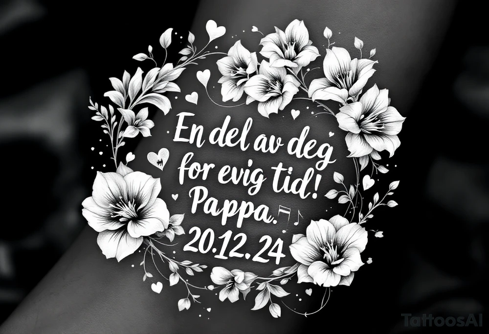 make a quote that says "En del av deg for evig tid! Pappa, 20.12.24" Surrounded by gladiolus, music notes, hearts and an anchor tattoo idea