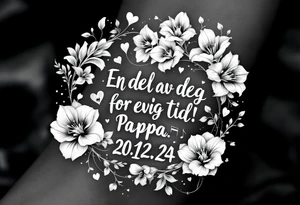 make a quote that says "En del av deg for evig tid! Pappa, 20.12.24" Surrounded by gladiolus, music notes, hearts and an anchor tattoo idea