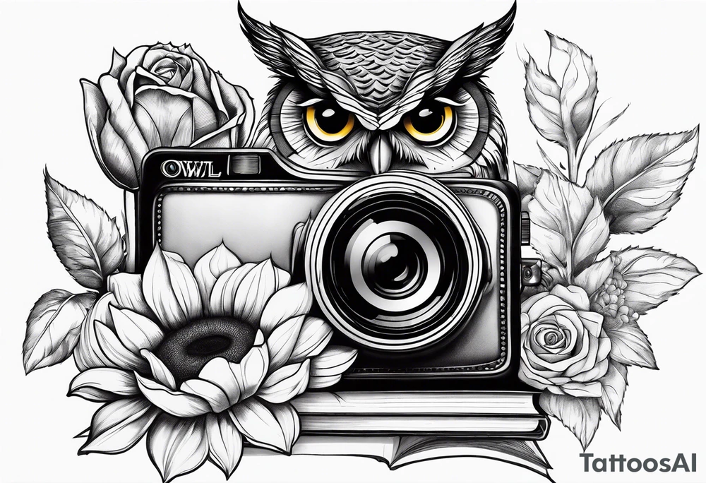 Sunflower, camera, book, owl, flower rose tattoo idea