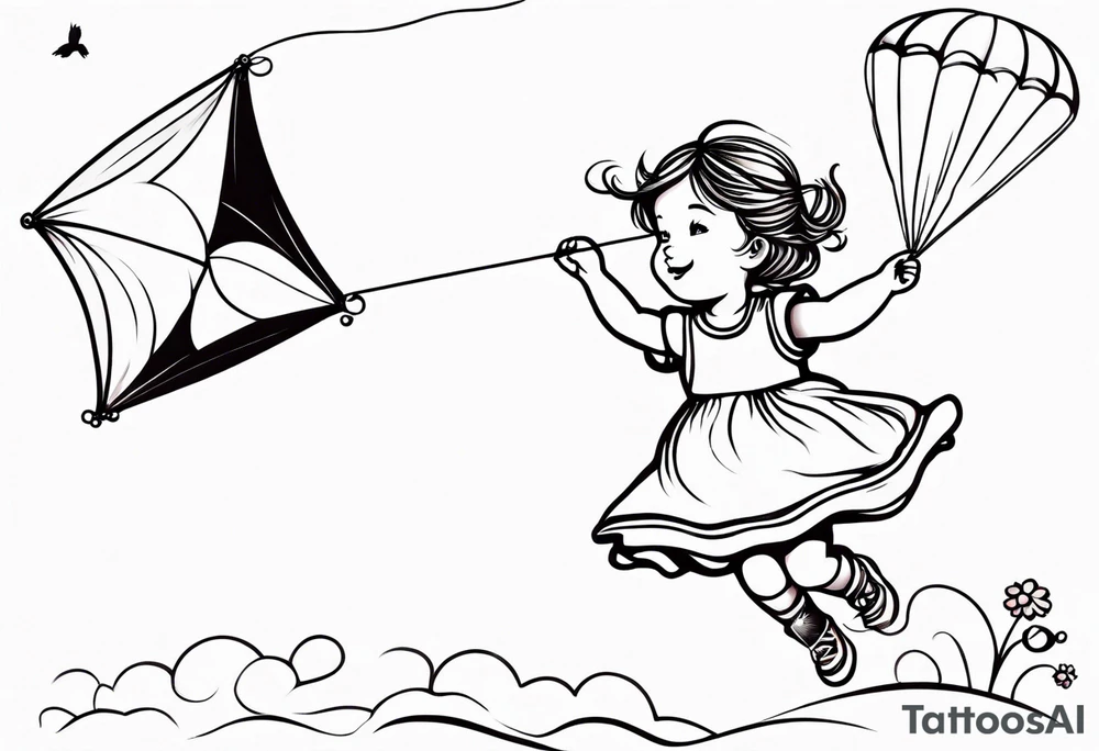 whimsical picture of a little girl flying a kite and holding a teddy bear tattoo idea
