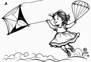 whimsical picture of a little girl flying a kite and holding a teddy bear tattoo idea
