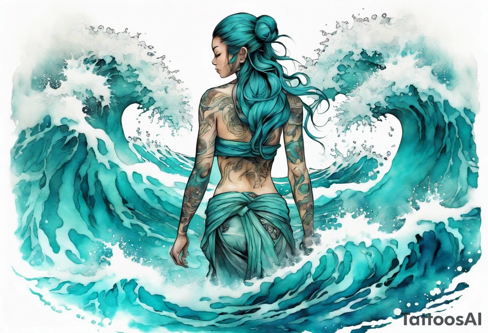 a turquoise Na'vi woman standing in the sea surrounded by crashing waves tattoo idea