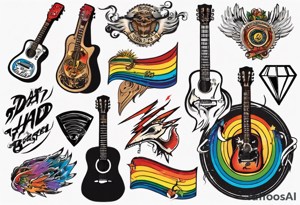 Music, guitar, harmonica, pick, dad, thunder, rainbow, tattoo idea