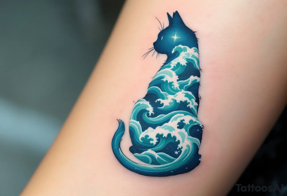 Ocean Cat Silhouette – A standing cat silhouette filled with ocean waves in shades of teal, navy, and seafoam green. tattoo idea