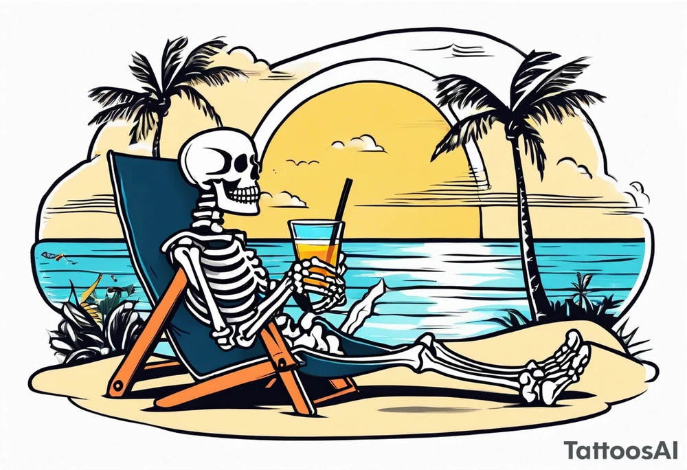 skeleton wearing a button up hawaiian shirt relaxing on the beach with a drink tattoo idea