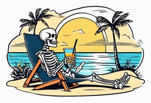 skeleton wearing a button up hawaiian shirt relaxing on the beach with a drink tattoo idea