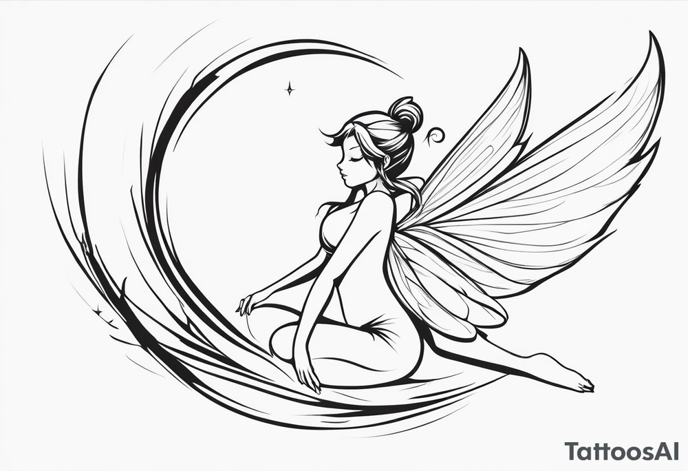 Minimalistic, monochromatic fairy with a tail flying to the left in a fetal position, leaning and looking in the same direction, with visible hands, embodying the 'Fairy Tail' logo aesthetic. tattoo idea