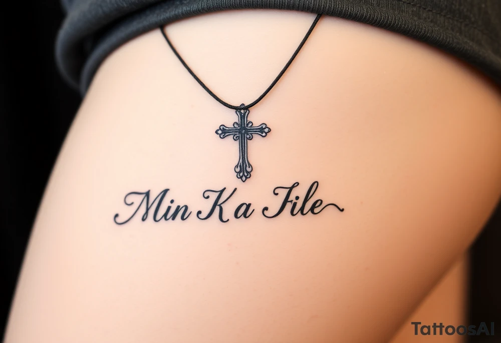 Cross with necklace on leg with initial MK tattoo idea