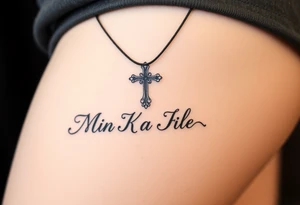 Cross with necklace on leg with initial MK tattoo idea