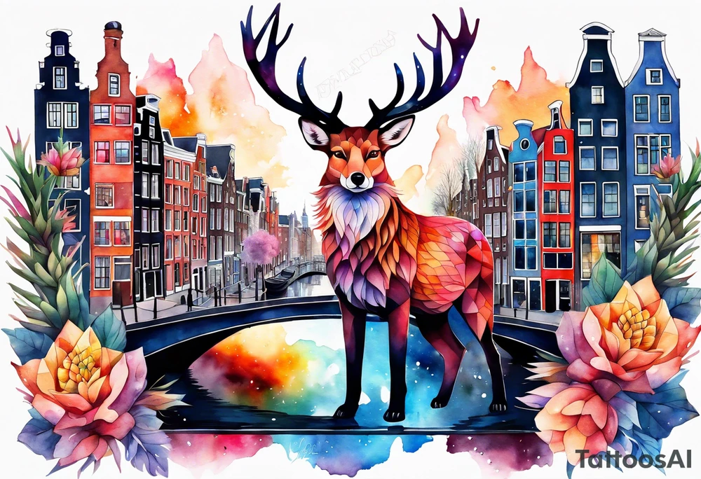 Animals, birds, stag, fox, watercolour of animals made from glass in Amsterdam featuring Amsterdam buildings and Amsterdam canal in galaxy colours featuring pineapples as space colours tattoo idea