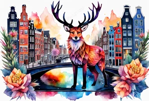 Animals, birds, stag, fox, watercolour of animals made from glass in Amsterdam featuring Amsterdam buildings and Amsterdam canal in galaxy colours featuring pineapples as space colours tattoo idea