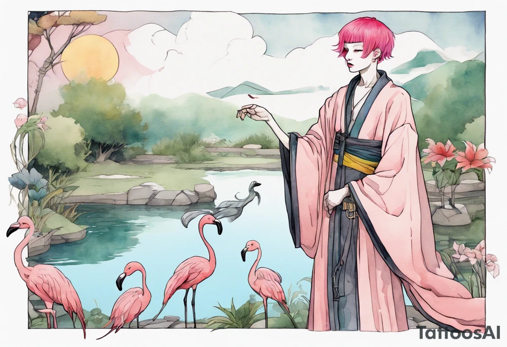 a nonbinary person with pink hair wearing a rainbow medieval robe standing next to a single flamingo near a pond tattoo idea