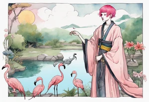 a nonbinary person with pink hair wearing a rainbow medieval robe standing next to a single flamingo near a pond tattoo idea